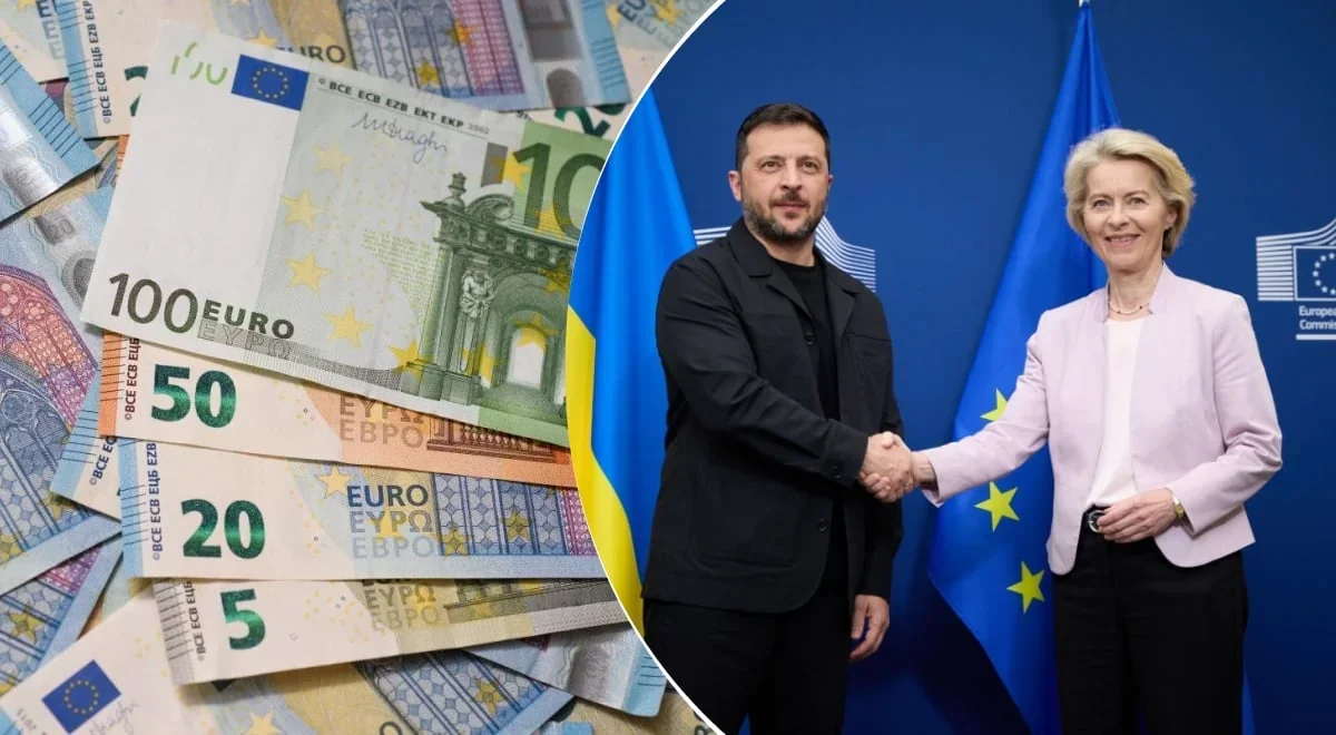 Зеленський та фон дер Ляєн на тлі прапорів ЄС і купюр євро про 90 млрд фінансування
