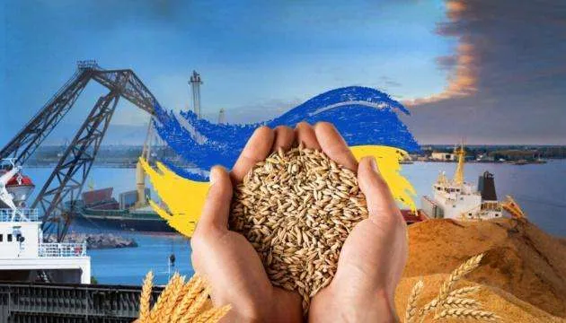 Руки з зерном на тлі порту з кранами, кораблями та українським прапором