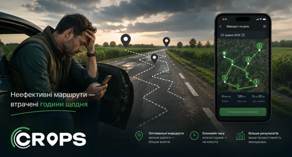 Стурбований менеджер у машині дивиться в телефон біля звивистого маршруту та екрана додатку CROPS