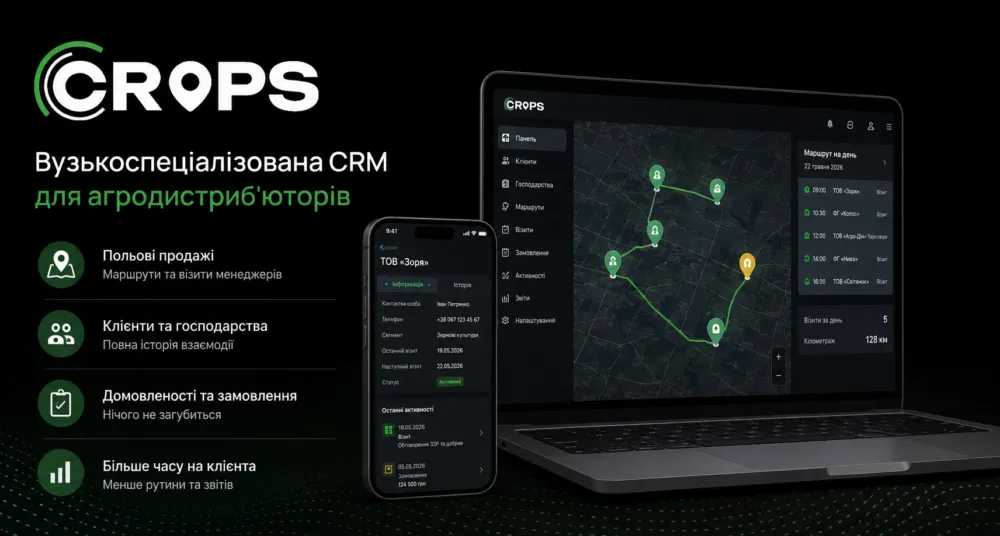 Промобанер Crops CRM з логотипом, списком функцій, смартфоном і ноутбуком з картою маршрутів